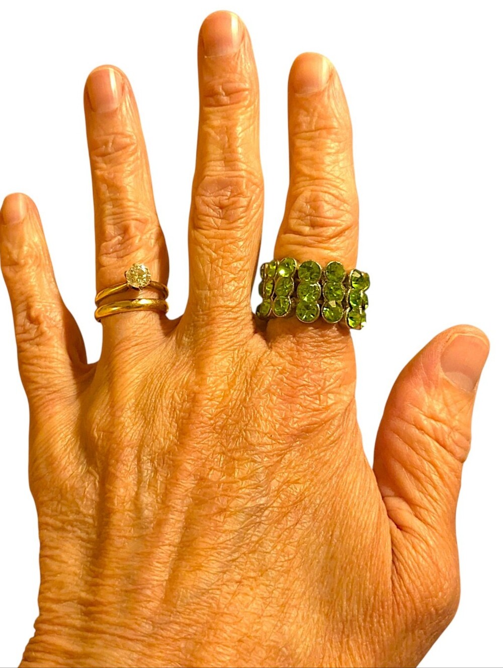 Vintage 80s 90s Triple Row Emerald Green Rhinestone Crystal Stretch Ring - Picture 10 of 14